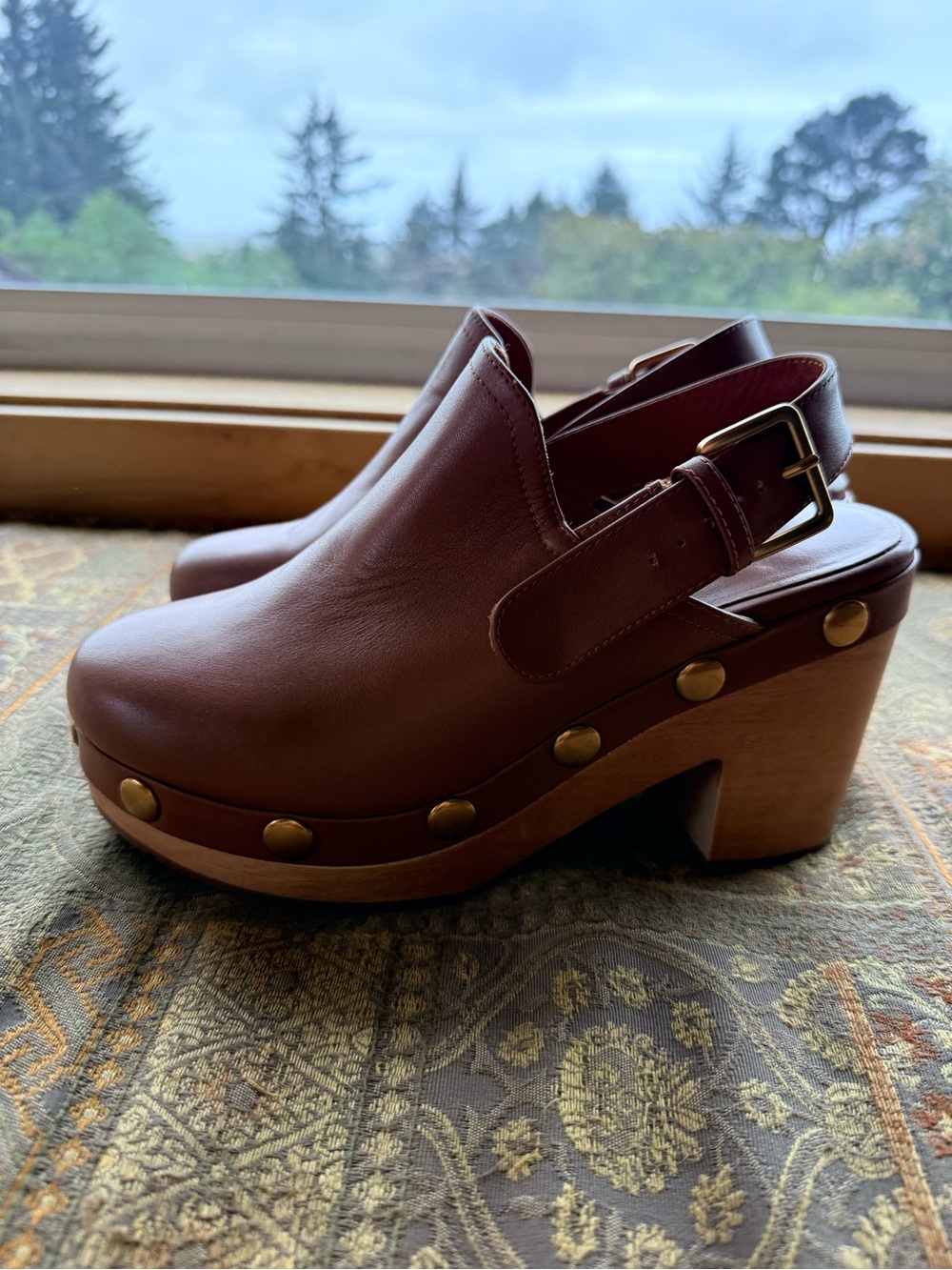 Charlotte Stone Brown Leather Studded Slingback Clogs